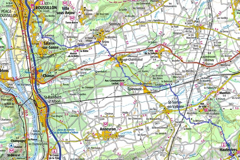 07-05 Karte.jpg - Etappe 5 mit 27 km: Abseits von der Rhône geht es von Roussillon aus in südöstlicher Richtung nach Hauterives